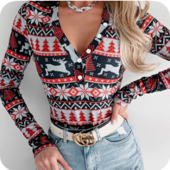 Nanamacs Holiday Bodysuit Size Large Black Red Gray Long Sleeve Henley Stretch - Picture 1 of 11